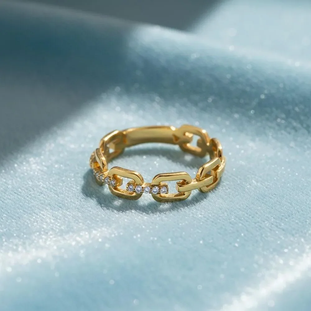 14K Gold Link CZ Ring | Yellow Gold Chain Style Band By Tehrani Jewelry